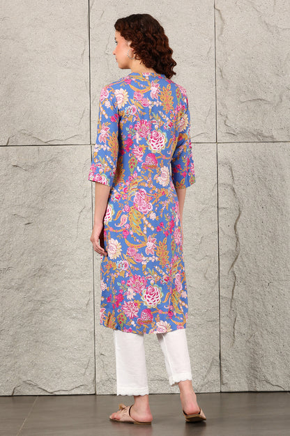 Blue Floral Printed Rayon Straight Kurta