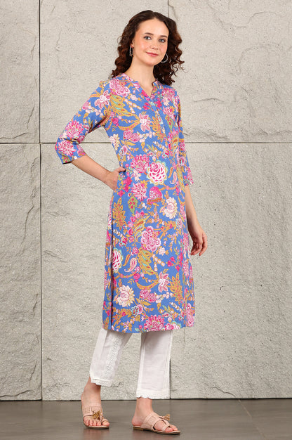 Blue Floral Printed Rayon Straight Kurta