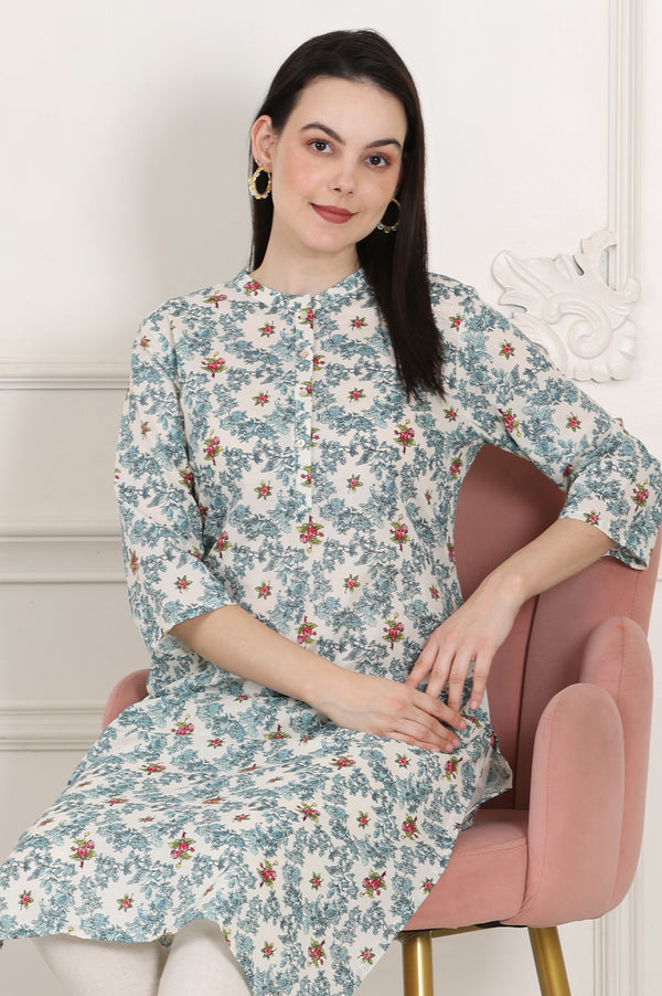 White Mandarin Collar Pure Cotton Straight Kurta With Green & Orange Floral Print