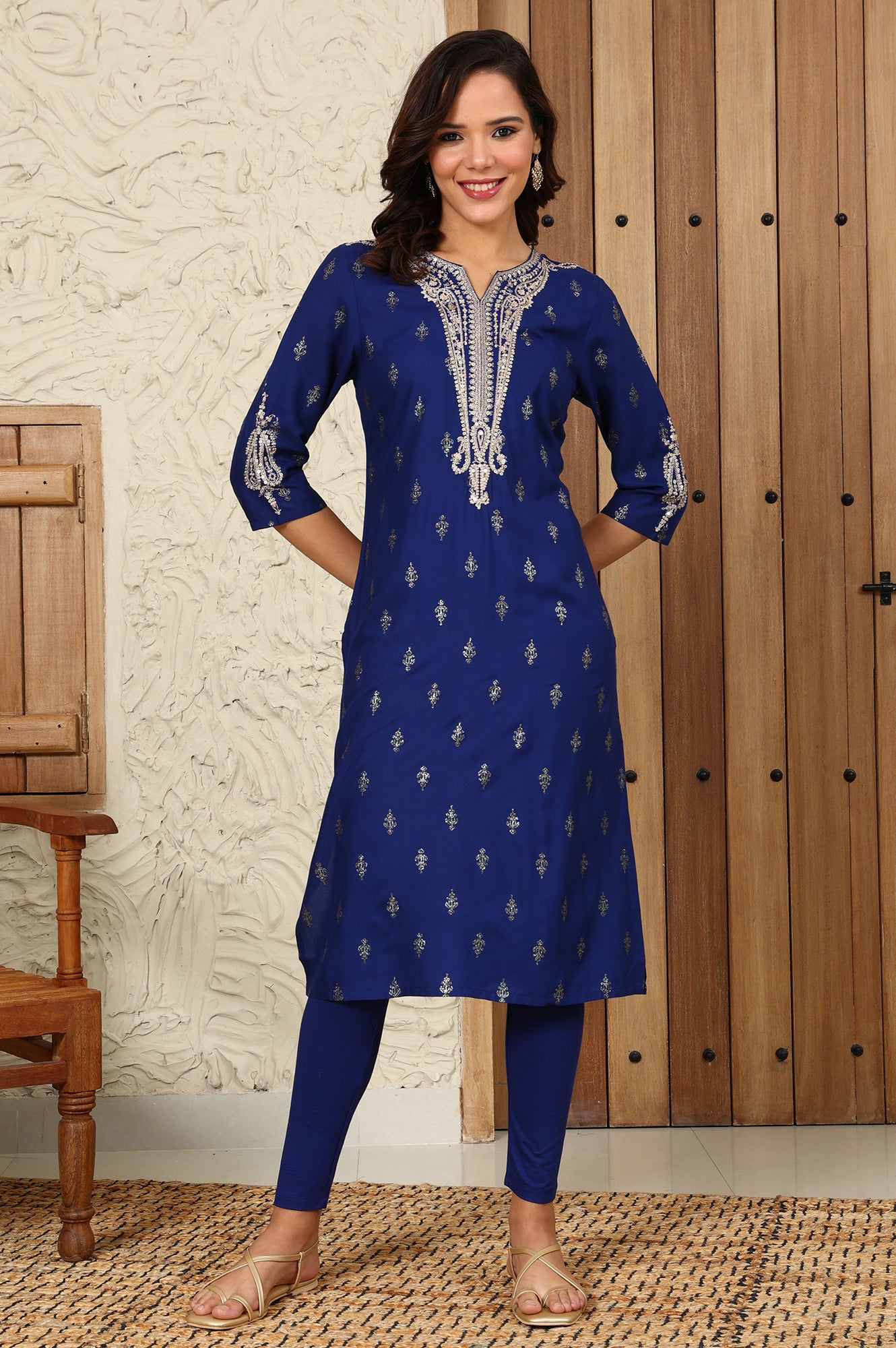 Navy Blue Glitter Paisley Printed Straight Kurta With Dori Embroidery On Yoke - wforwoman