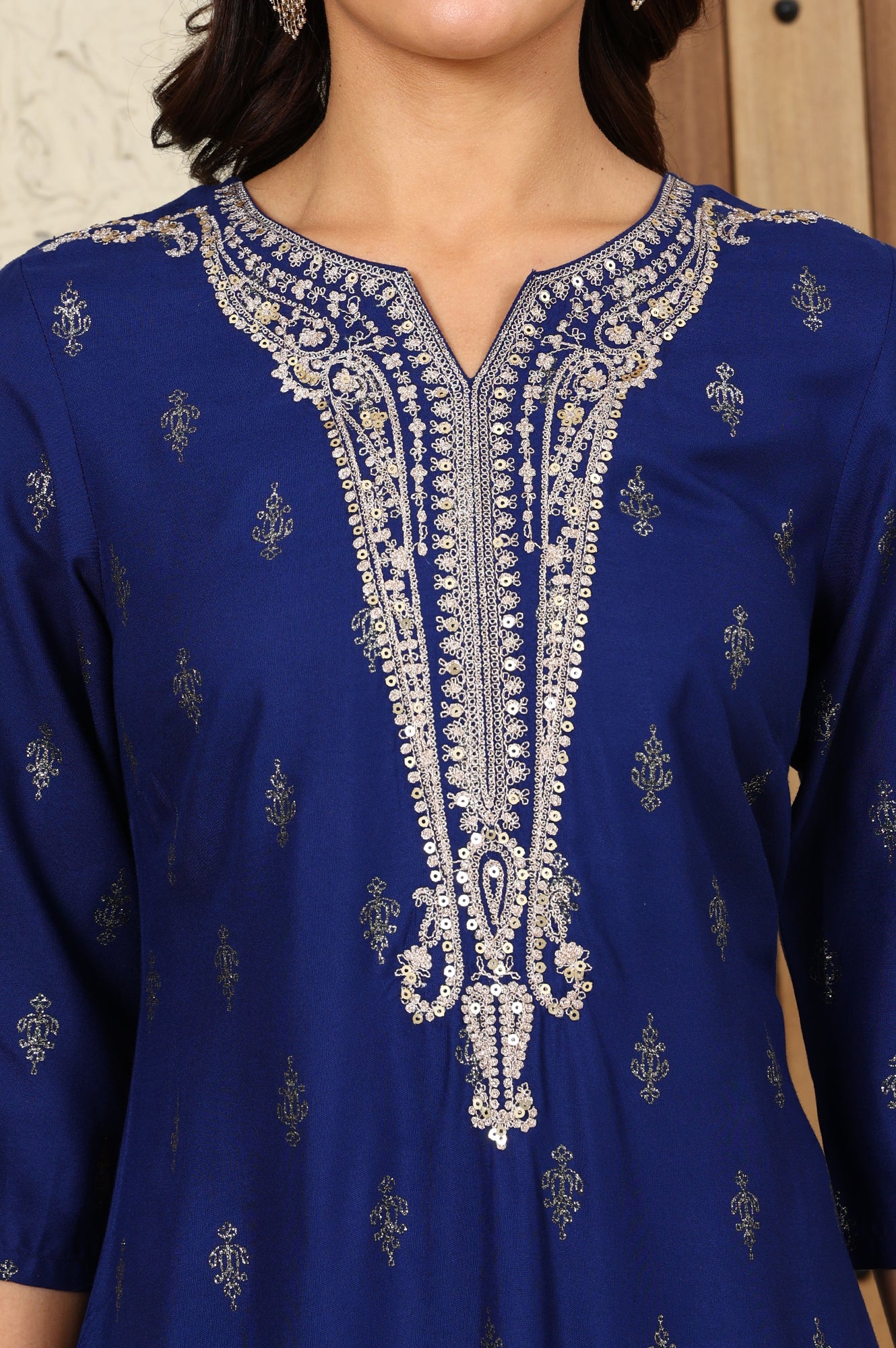 Navy Blue Glitter Paisley Printed Straight Kurta With Dori Embroidery On Yoke - wforwoman