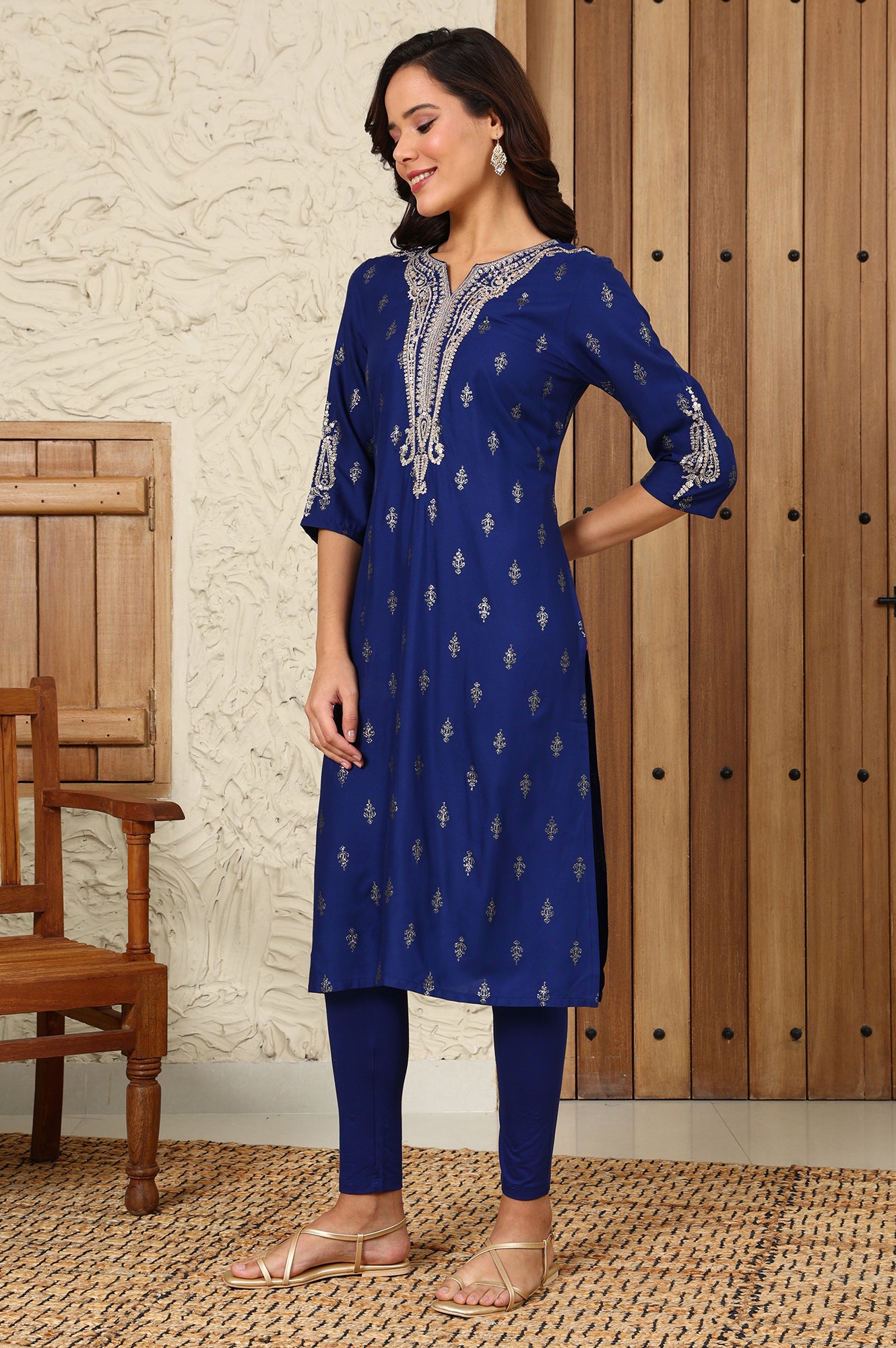 Navy Blue Glitter Paisley Printed Straight Kurta With Dori Embroidery On Yoke - wforwoman