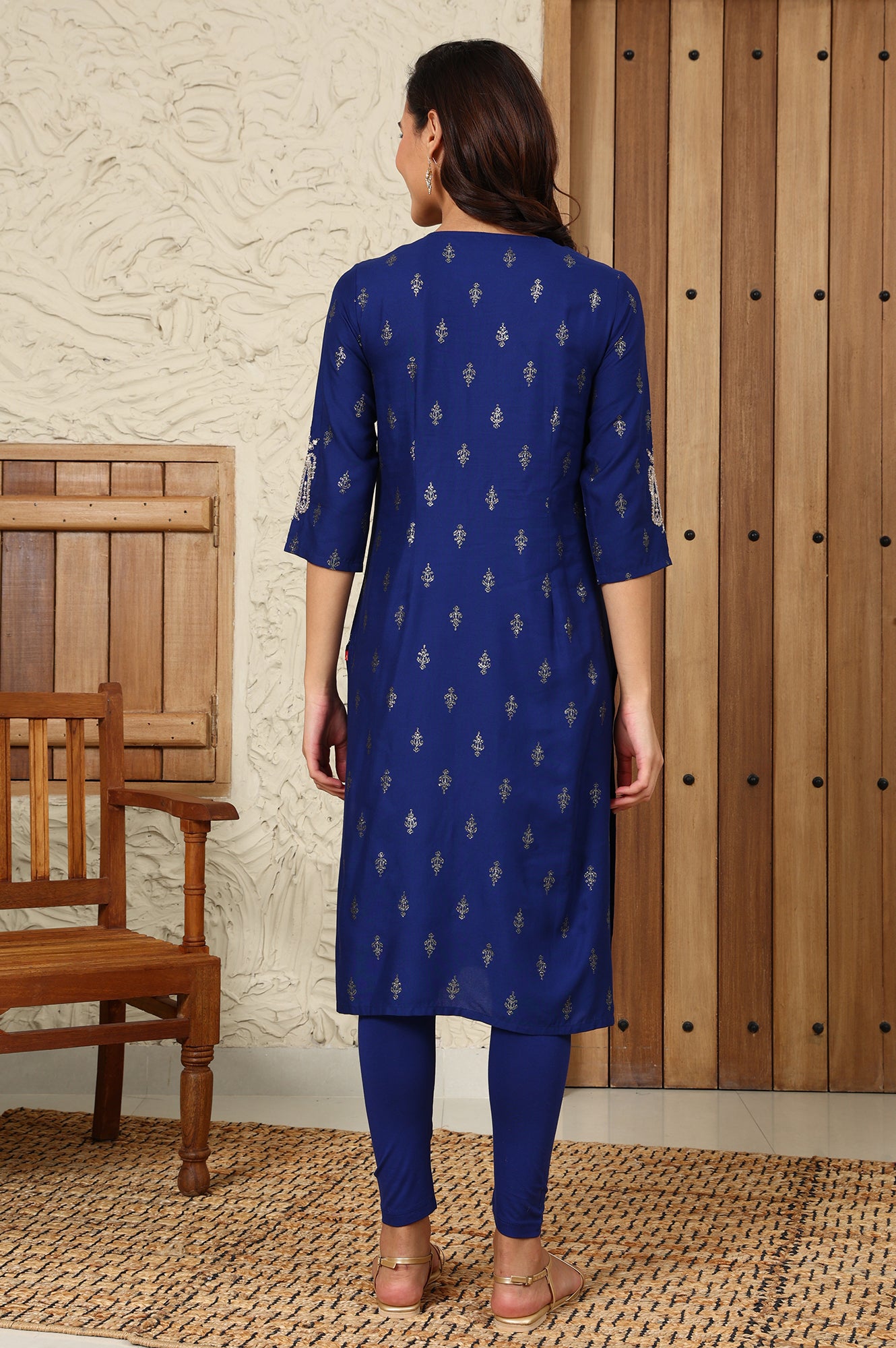 Navy Blue Glitter Paisley Printed Straight Kurta With Dori Embroidery On Yoke - wforwoman