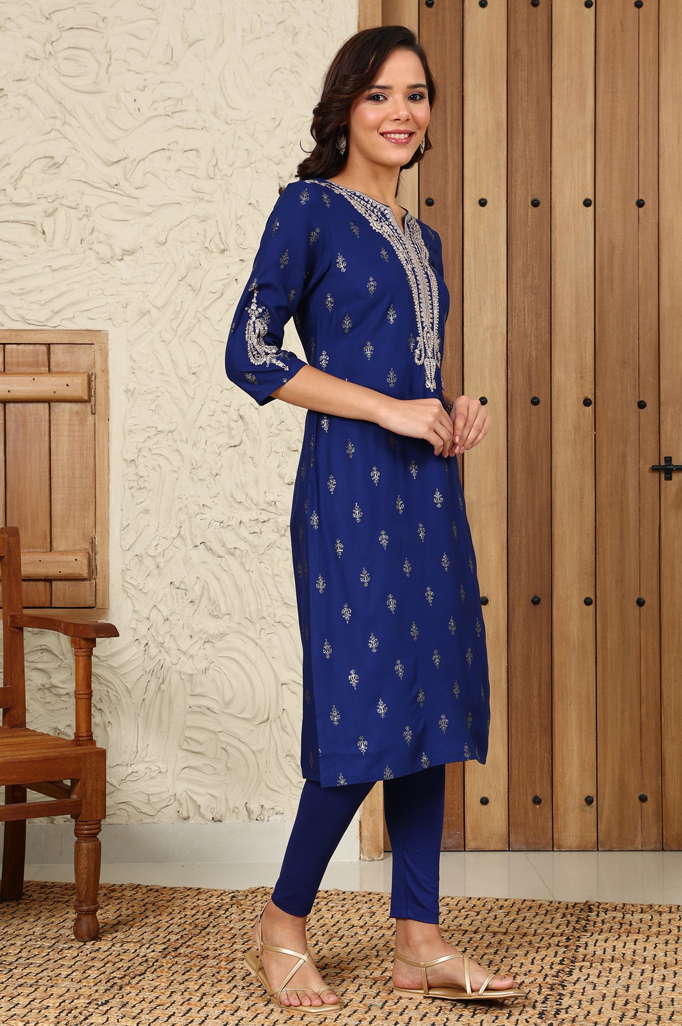 Navy Blue Glitter Paisley Printed Straight Kurta With Dori Embroidery On Yoke - wforwoman