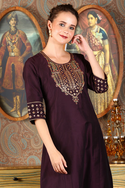 Wine Solid Flared Kurta With Embroidered Yoke