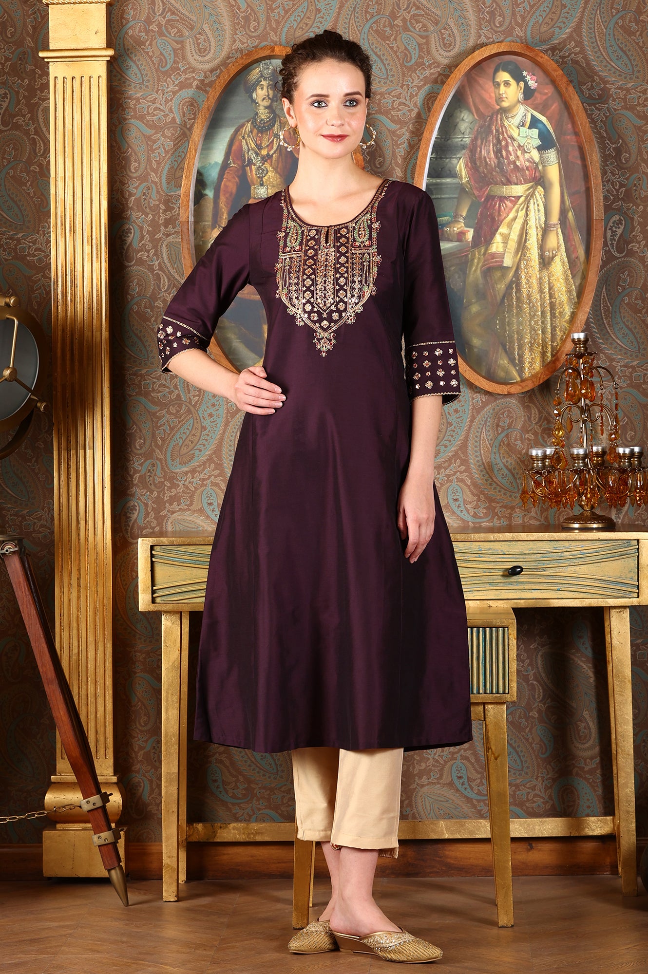 Wine Solid Flared Kurta With Embroidered Yoke