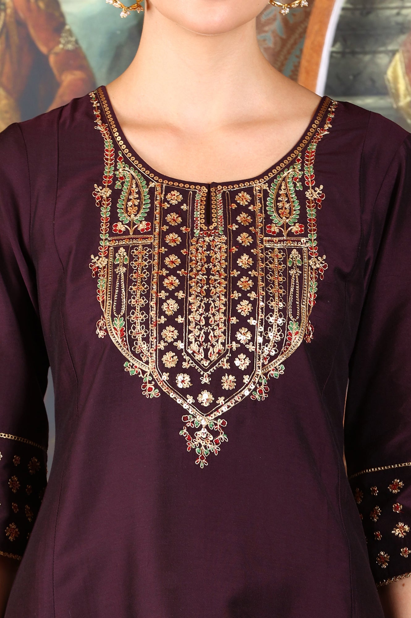 Wine Solid Flared Kurta With Embroidered Yoke