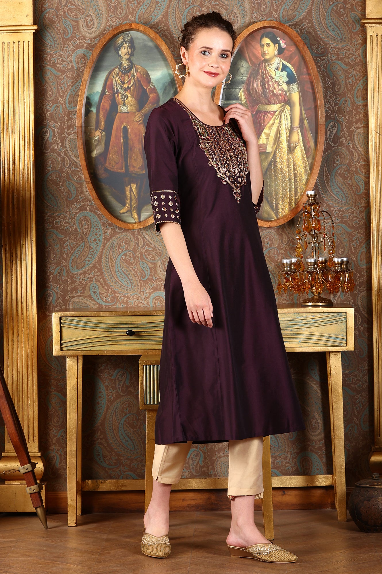 Wine Solid Flared Kurta With Embroidered Yoke