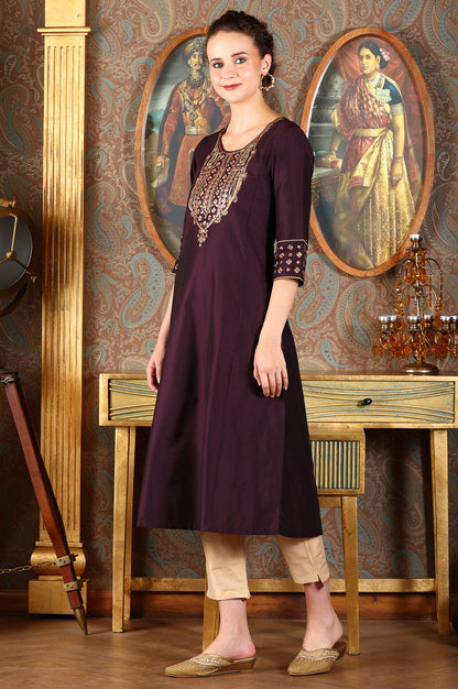 Wine Solid Flared Kurta With Embroidered Yoke