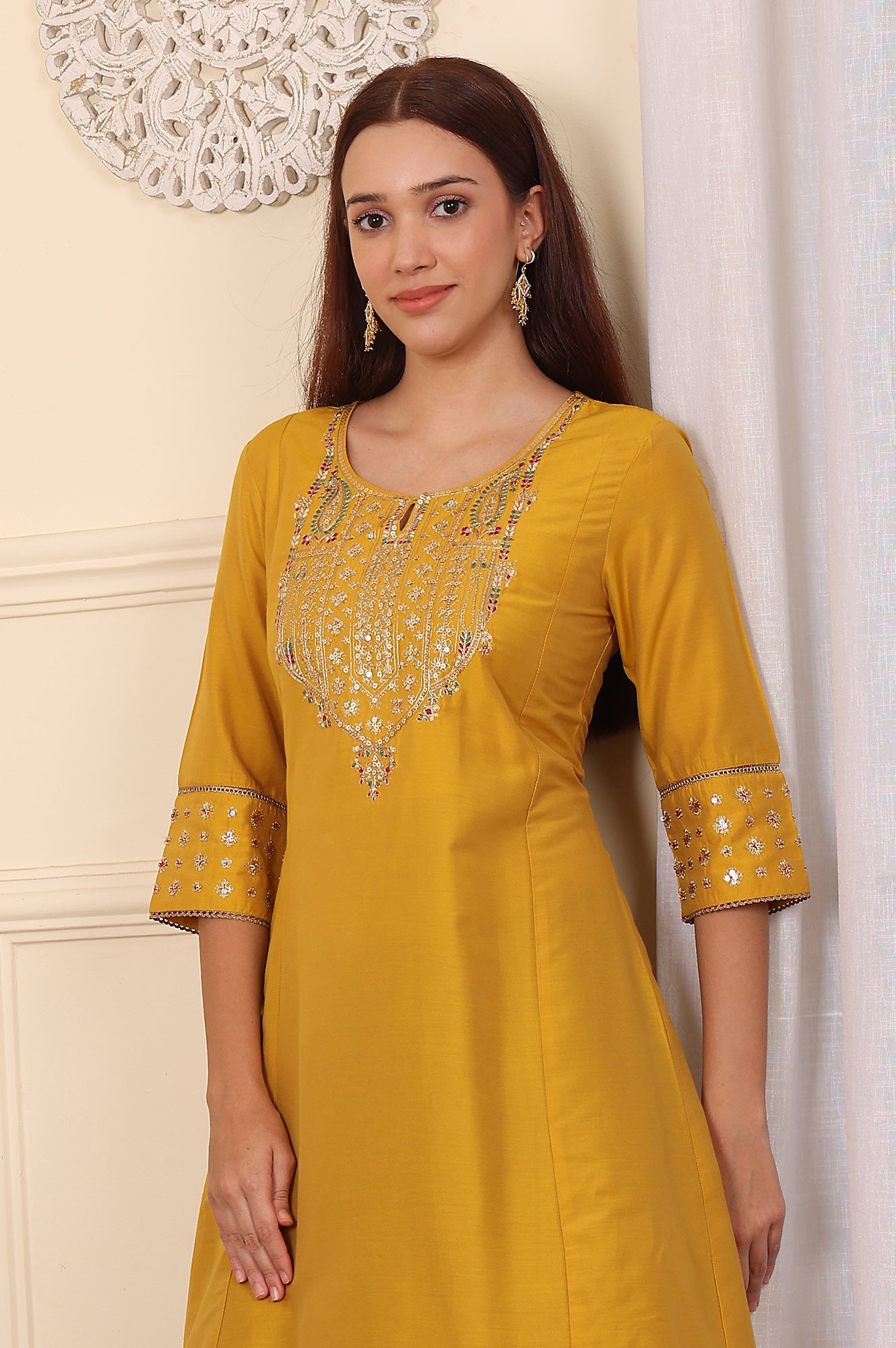 Mustard Yellow Solid Flared Kurta With Embroidered Yoke - wforwoman