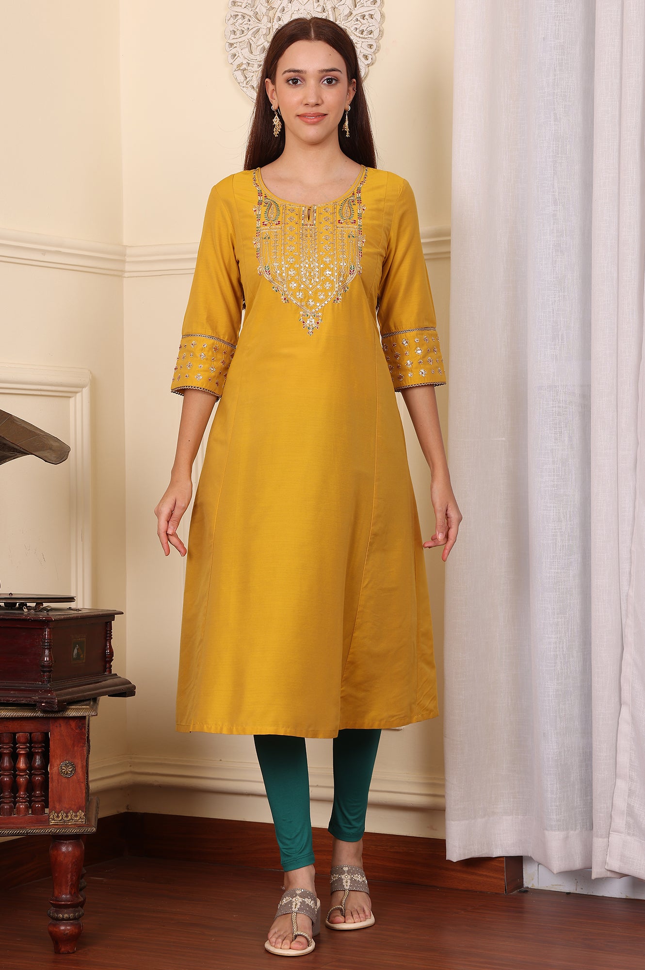 Mustard Yellow Solid Flared Kurta With Embroidered Yoke - wforwoman