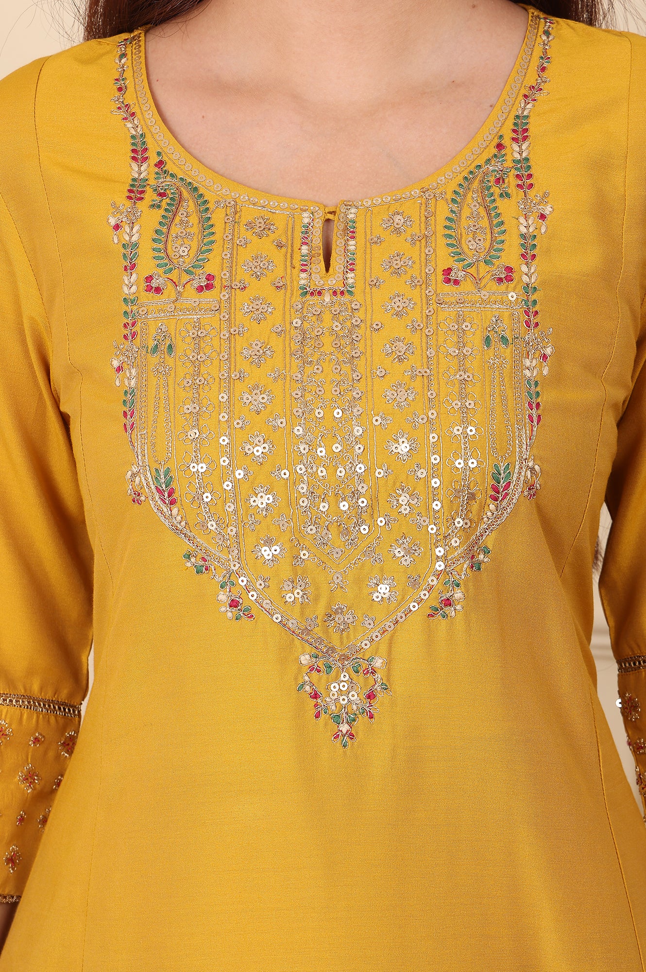 Mustard Yellow Solid Flared Kurta With Embroidered Yoke - wforwoman