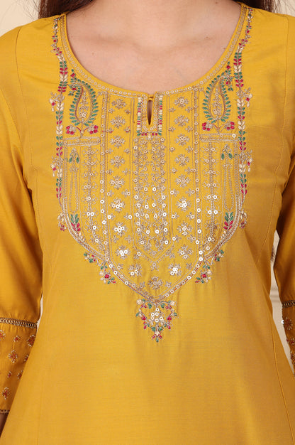 Mustard Yellow Solid Flared Kurta With Embroidered Yoke - wforwoman