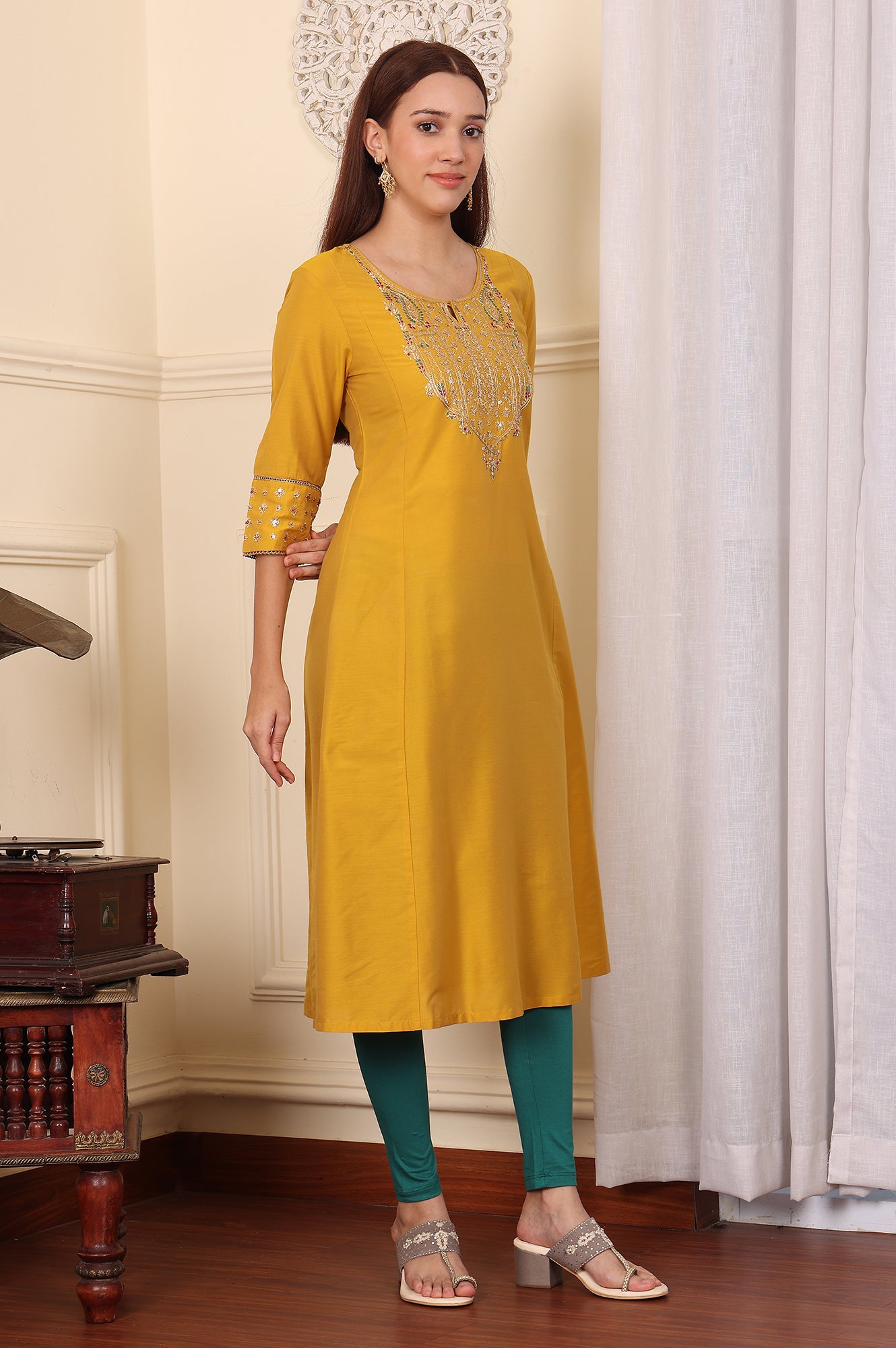 Mustard Yellow Solid Flared Kurta With Embroidered Yoke - wforwoman