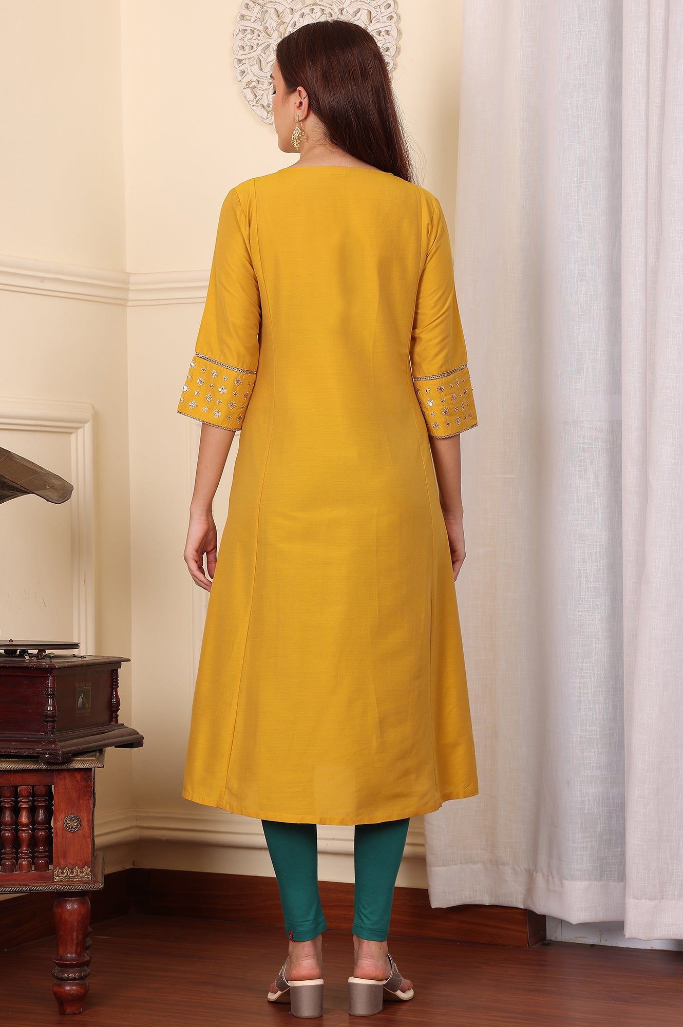 Mustard Yellow Solid Flared Kurta With Embroidered Yoke - wforwoman