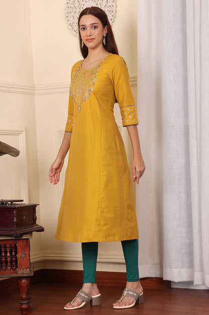 Mustard Yellow Solid Flared Kurta With Embroidered Yoke - wforwoman