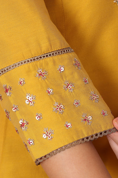 Mustard Yellow Solid Flared Kurta With Embroidered Yoke - wforwoman