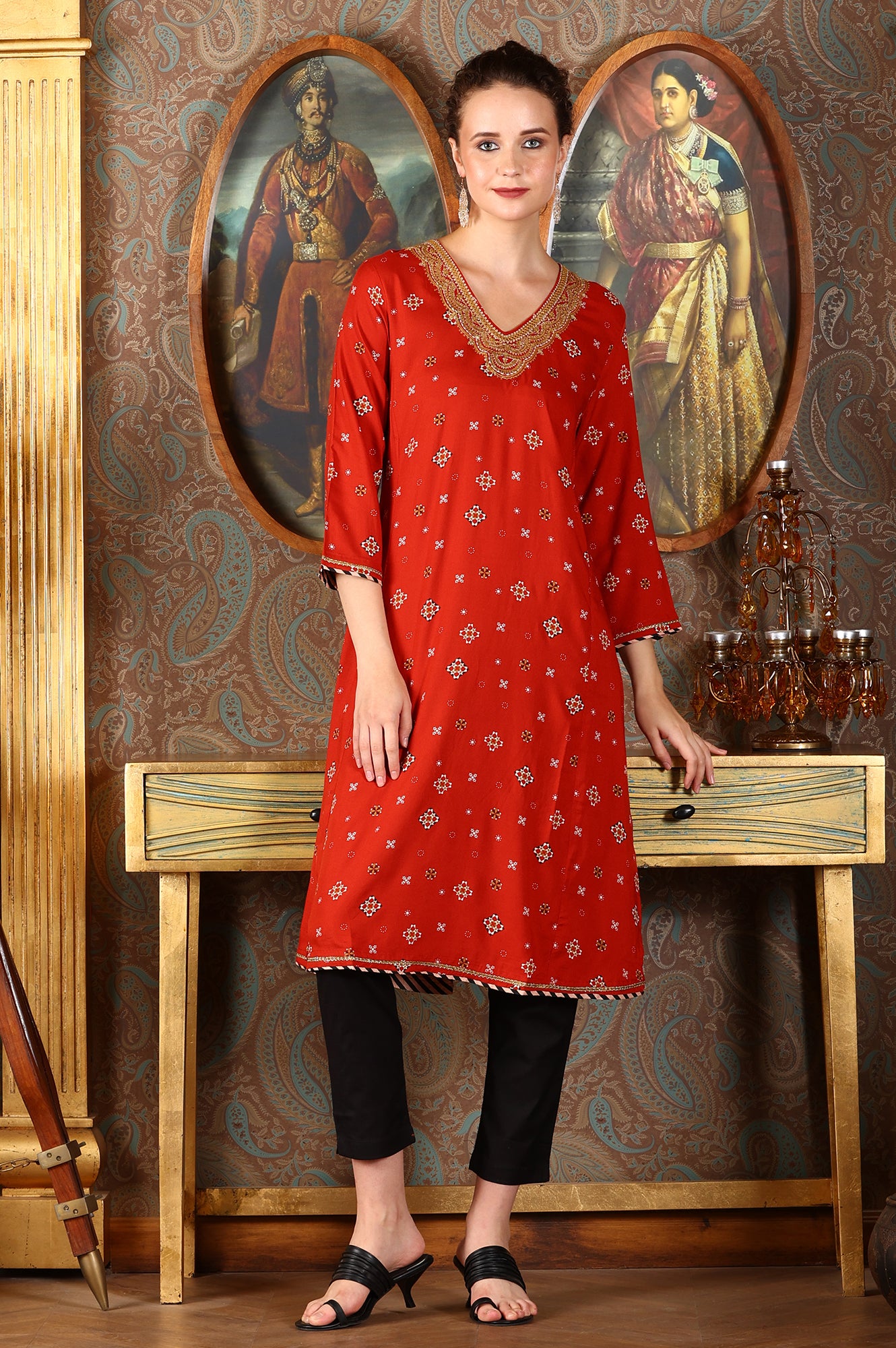 Ceramic Red Printed Straight Rayon Kurta With Metallic Embroidery On Neck