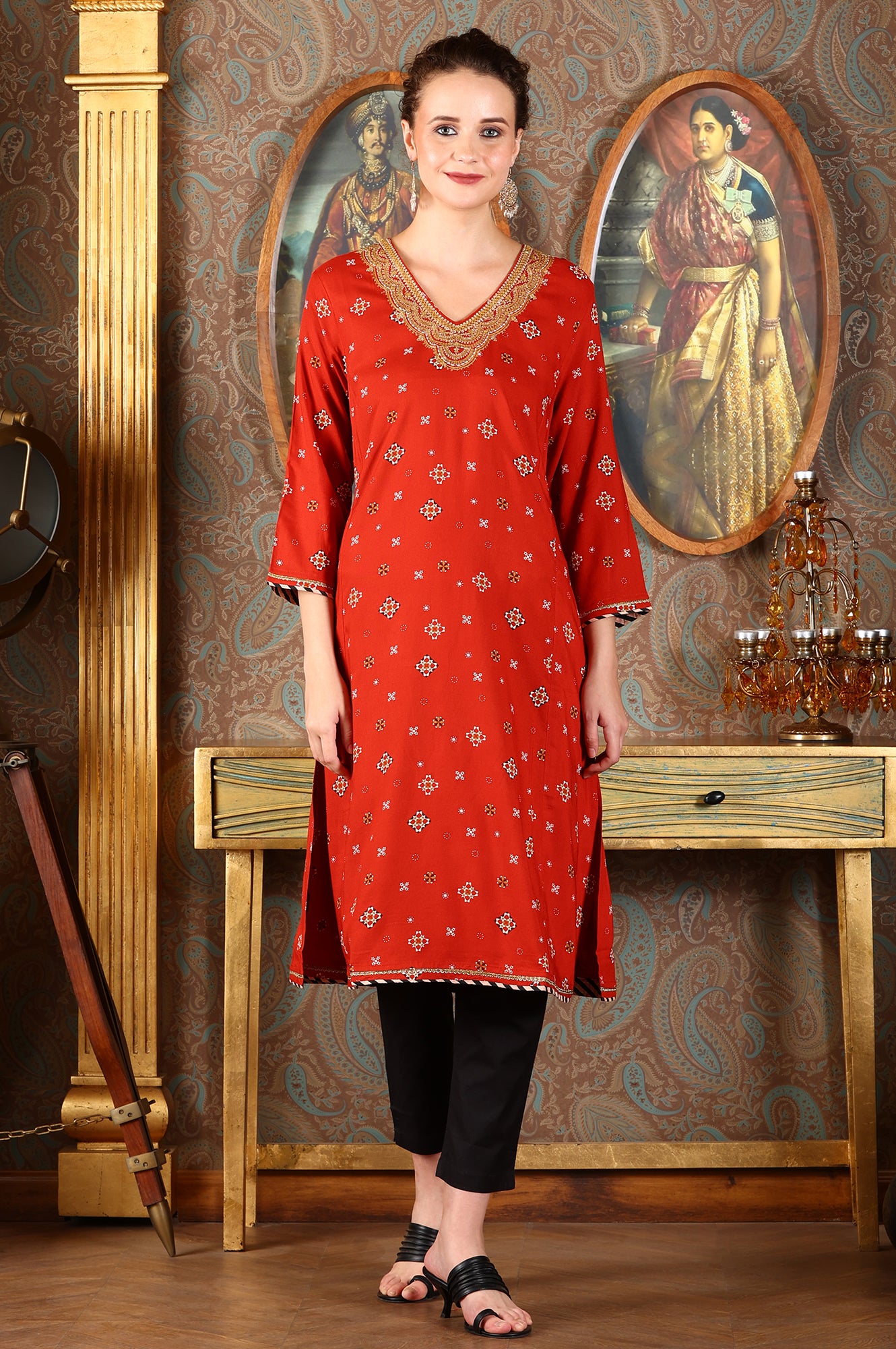 Ceramic Red Printed Straight Rayon Kurta With Metallic Embroidery On Neck