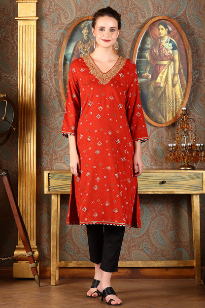 Ceramic Red Printed Straight Rayon Kurta With Metallic Embroidery On Neck