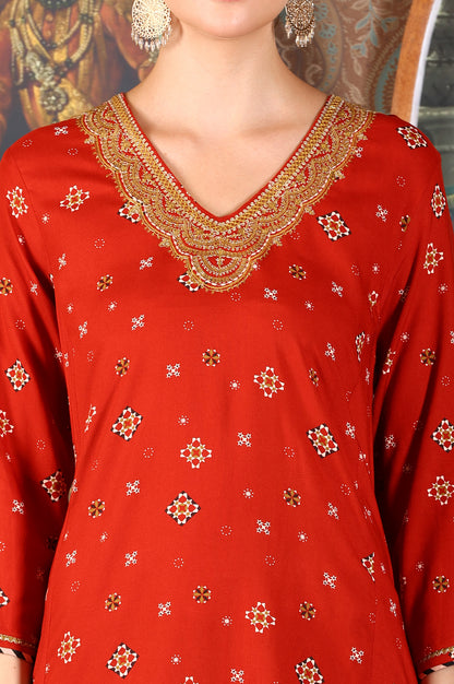 Ceramic Red Printed Straight Rayon Kurta With Metallic Embroidery On Neck