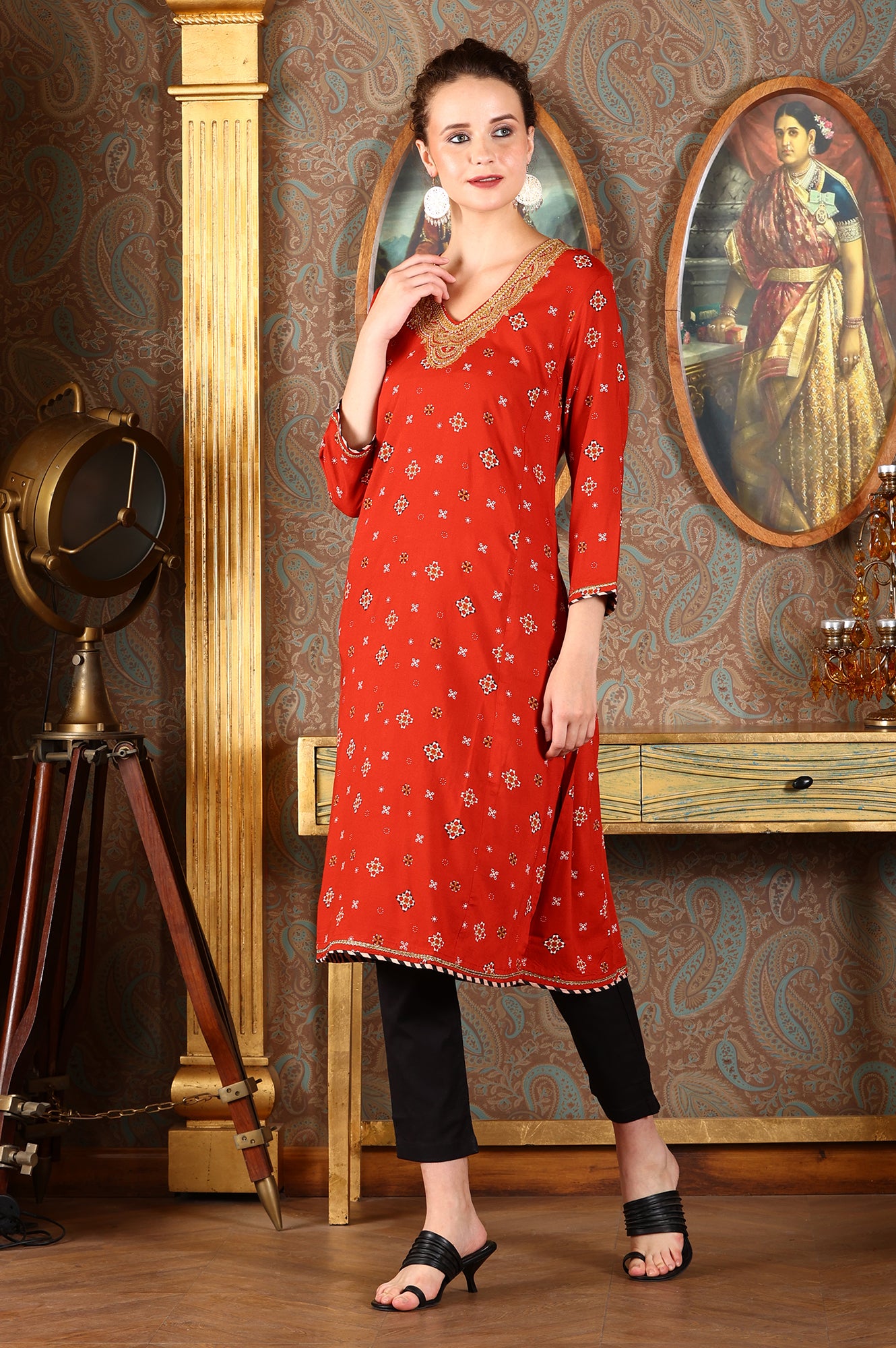 Ceramic Red Printed Straight Rayon Kurta With Metallic Embroidery On Neck