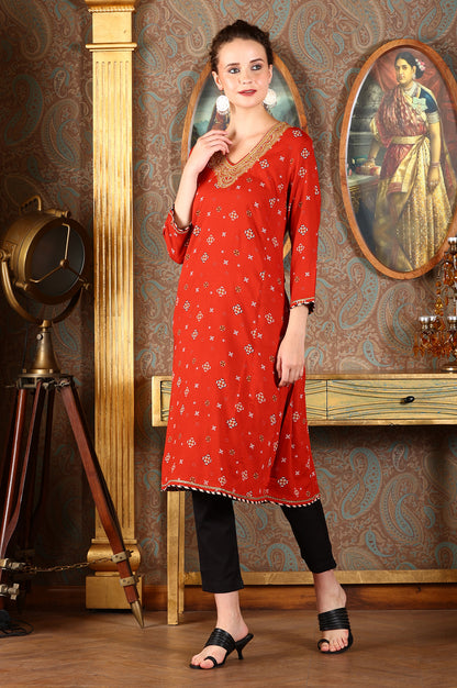 Ceramic Red Printed Straight Rayon Kurta With Metallic Embroidery On Neck