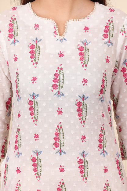 White Floral &amp; Leaf Printed Textured Pure Cotton Straight Kurta - wforwoman