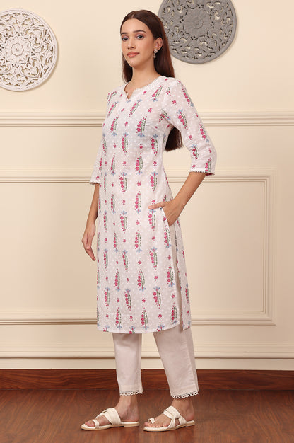 White Floral &amp; Leaf Printed Textured Pure Cotton Straight Kurta - wforwoman