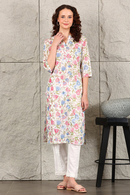 White Floral Printed Pure Cotton Straight Kurta