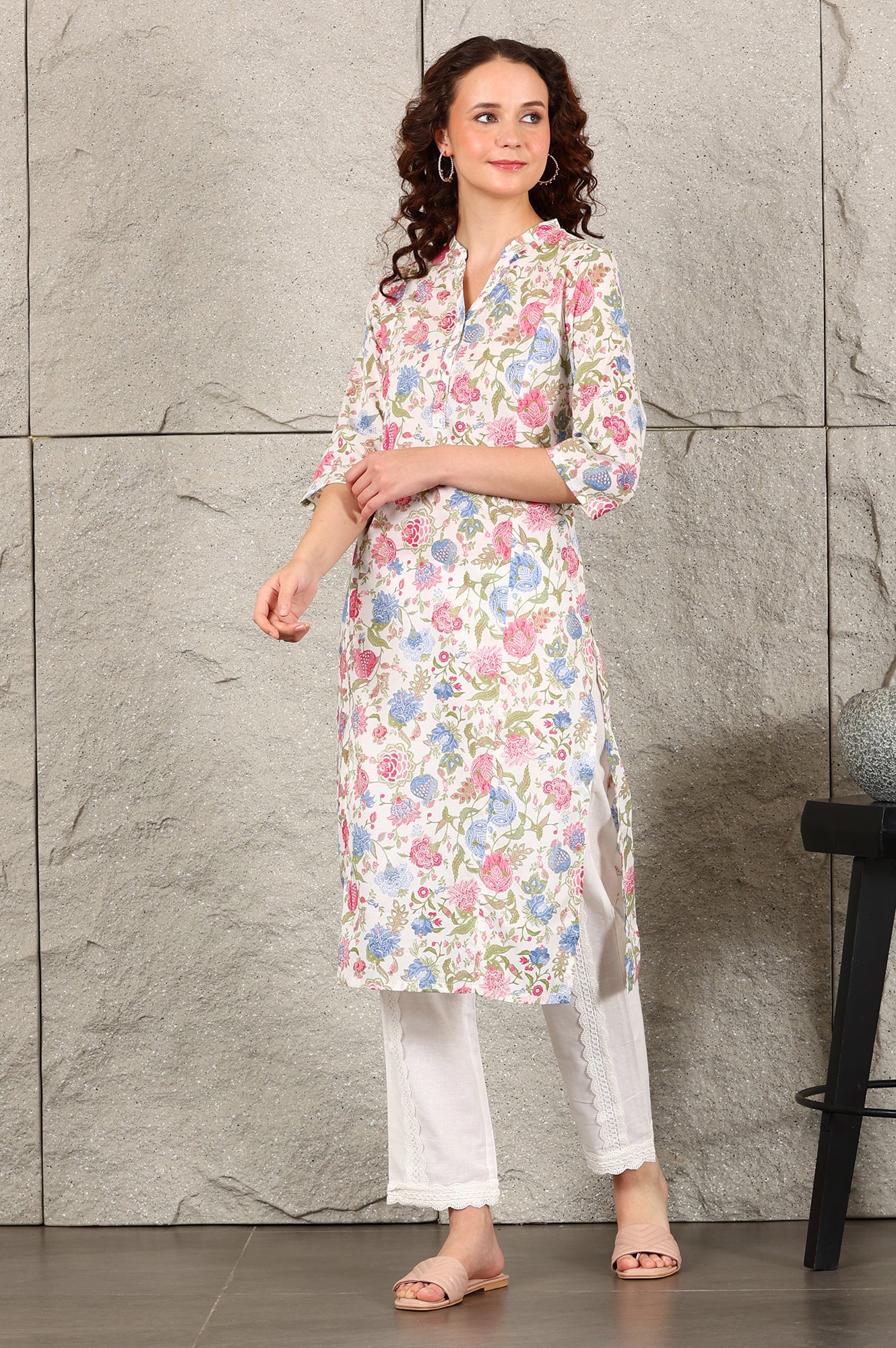 White Floral Printed Pure Cotton Straight Kurta