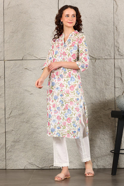 White Floral Printed Pure Cotton Straight Kurta