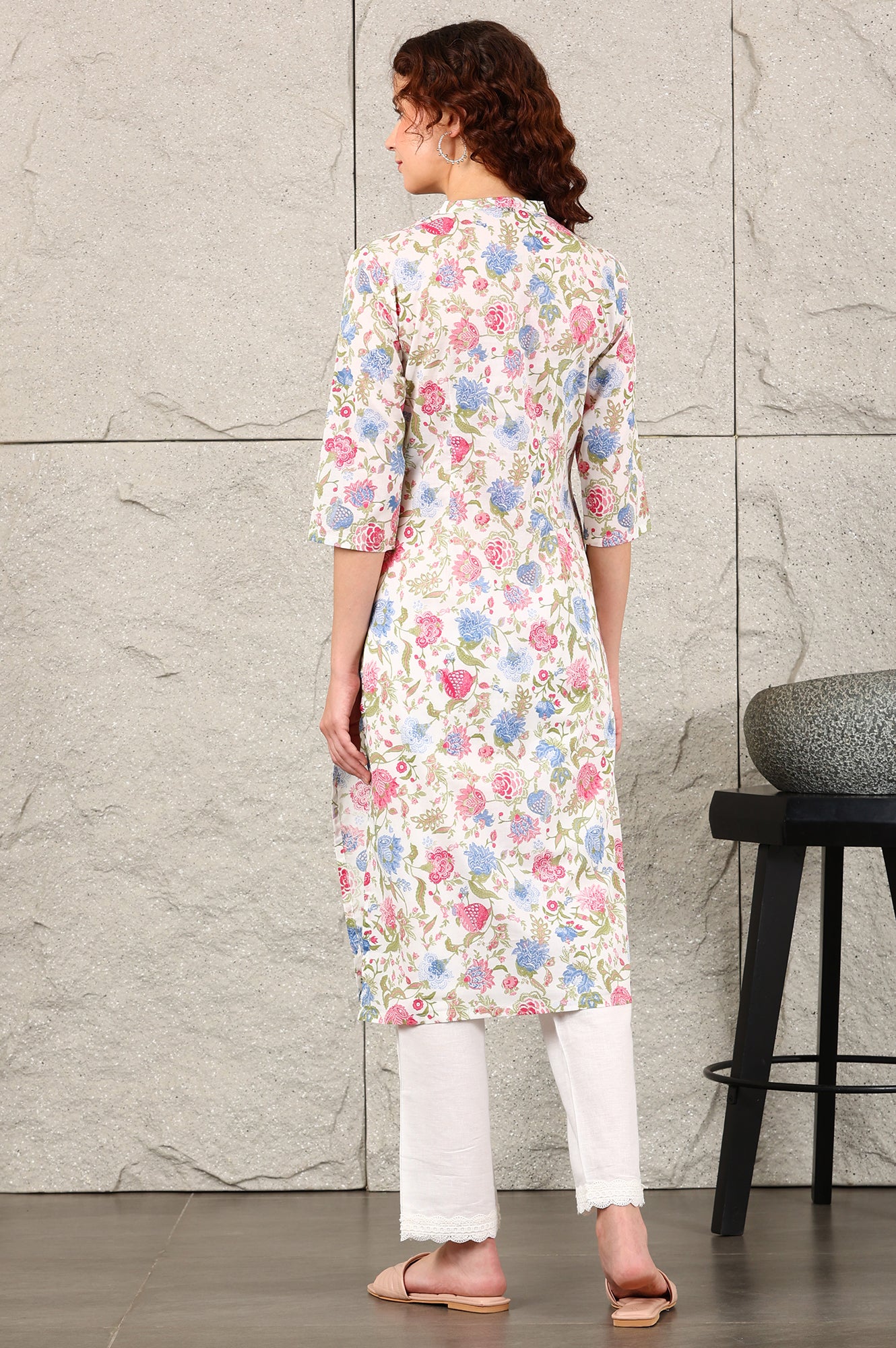 White Floral Printed Pure Cotton Straight Kurta