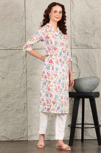 White Floral Printed Pure Cotton Straight Kurta