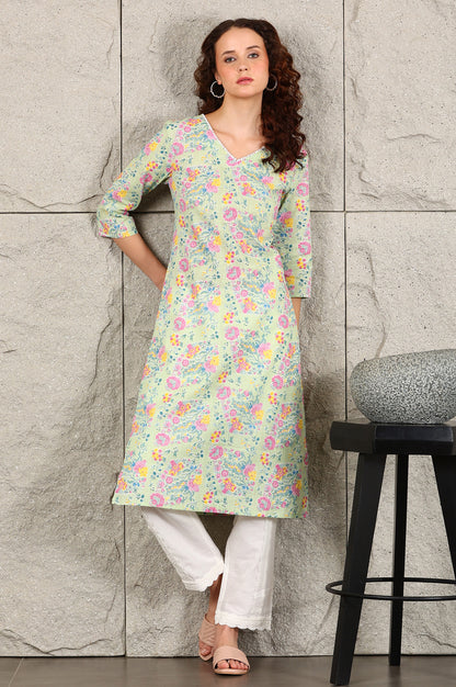 Mint Green Floral Printed Pure Cotton Kurta With Lace V-Neck