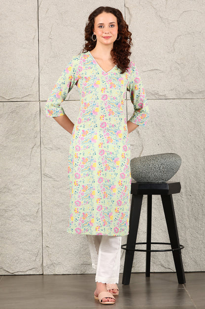 Mint Green Floral Printed Pure Cotton Kurta With Lace V-Neck