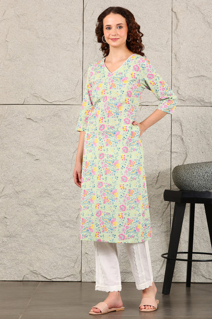 Mint Green Floral Printed Pure Cotton Kurta With Lace V-Neck