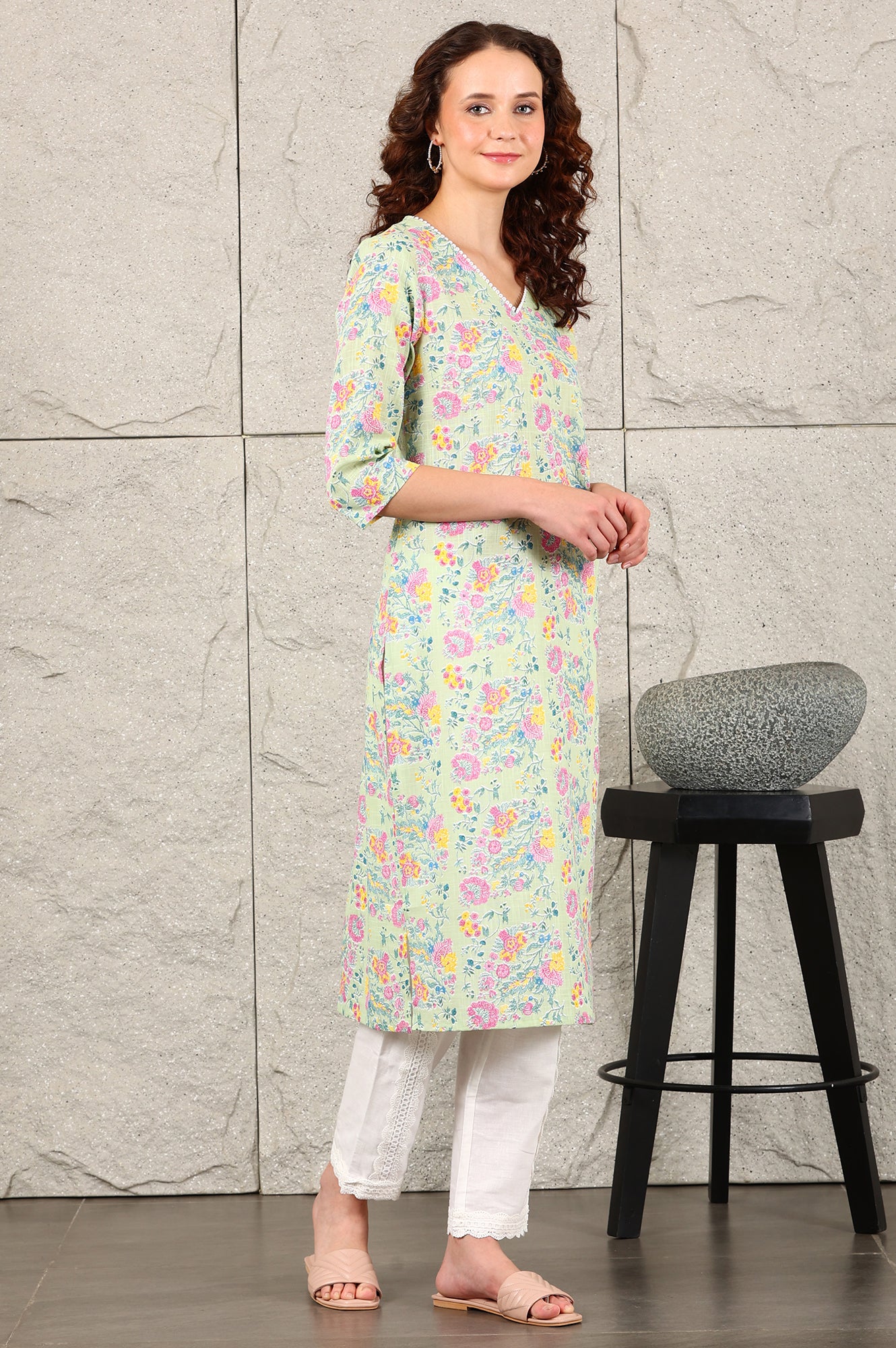 Mint Green Floral Printed Pure Cotton Kurta With Lace V-Neck