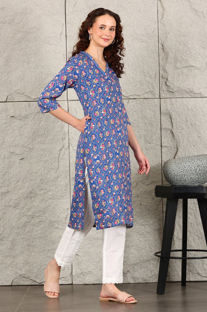 Blue Small Buti Floral Printed Straight Kurta With Lace V-Neck