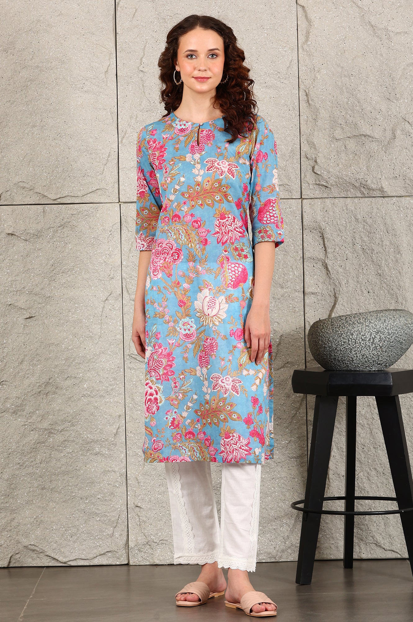 Sky Blue Floral Printed Pure Cotton Straight Kurta