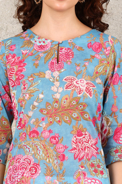 Sky Blue Floral Printed Pure Cotton Straight Kurta