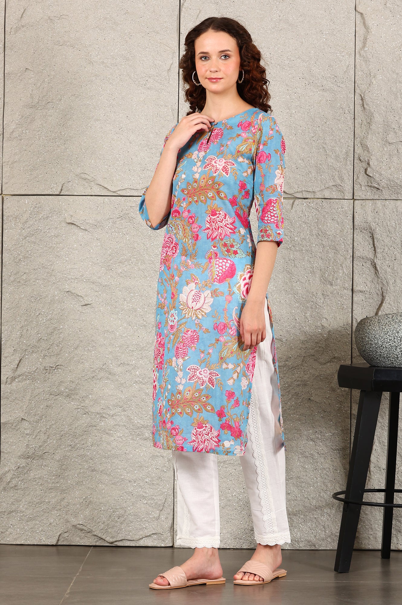 Sky Blue Floral Printed Pure Cotton Straight Kurta