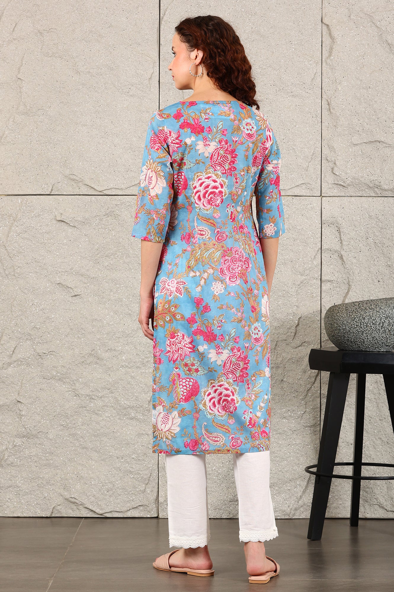 Sky Blue Floral Printed Pure Cotton Straight Kurta