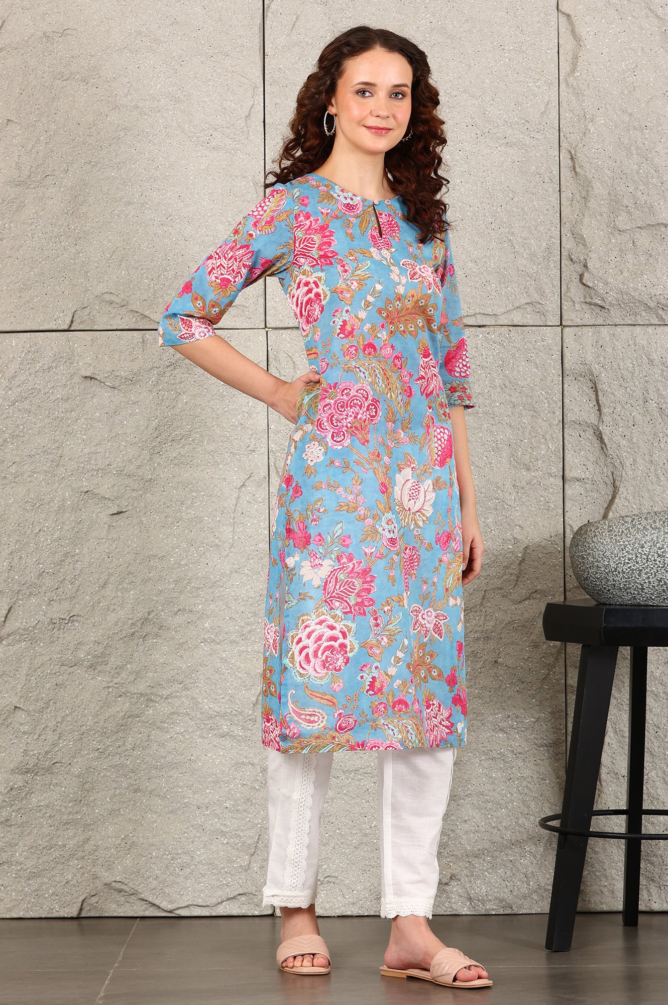 Sky Blue Floral Printed Pure Cotton Straight Kurta