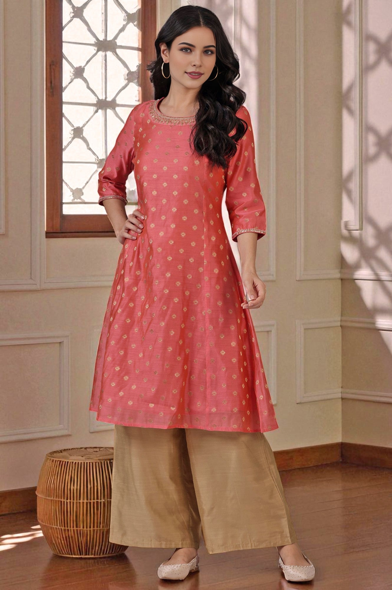 Pink Yarn-Dyed Chanderi Straight Kurta with Embroidered Neck