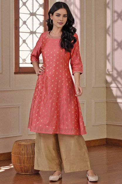 Pink Yarn-Dyed Chanderi Straight Kurta with Embroidered Neck