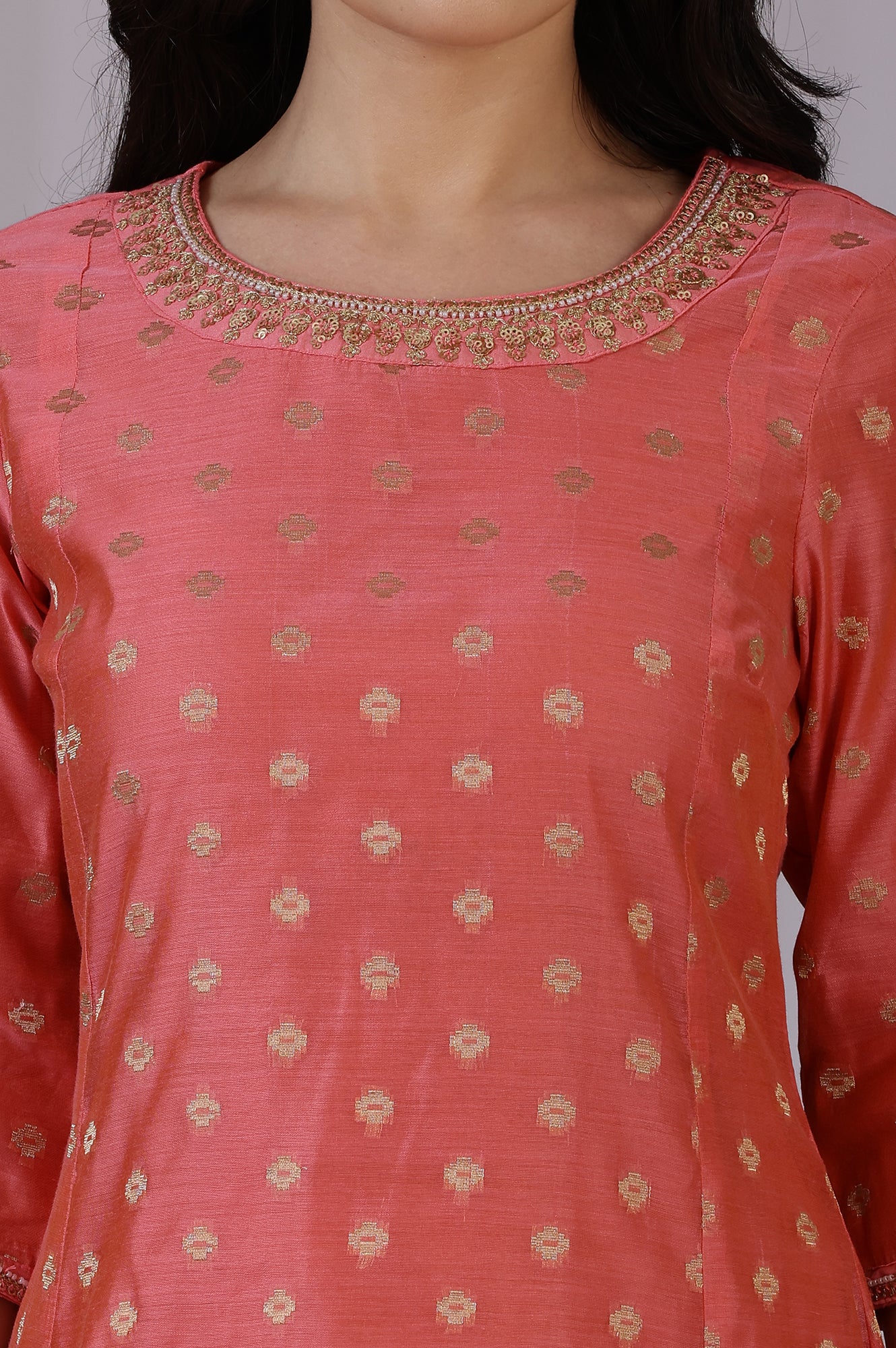 Pink Yarn-Dyed Chanderi Straight Kurta with Embroidered Neck