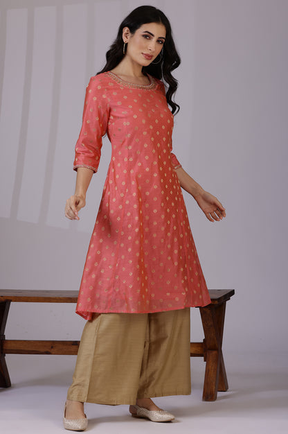 Pink Yarn-Dyed Chanderi Straight Kurta with Embroidered Neck