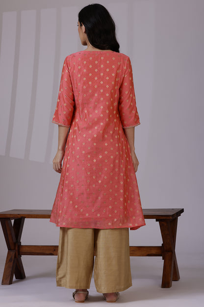 Pink Yarn-Dyed Chanderi Straight Kurta with Embroidered Neck