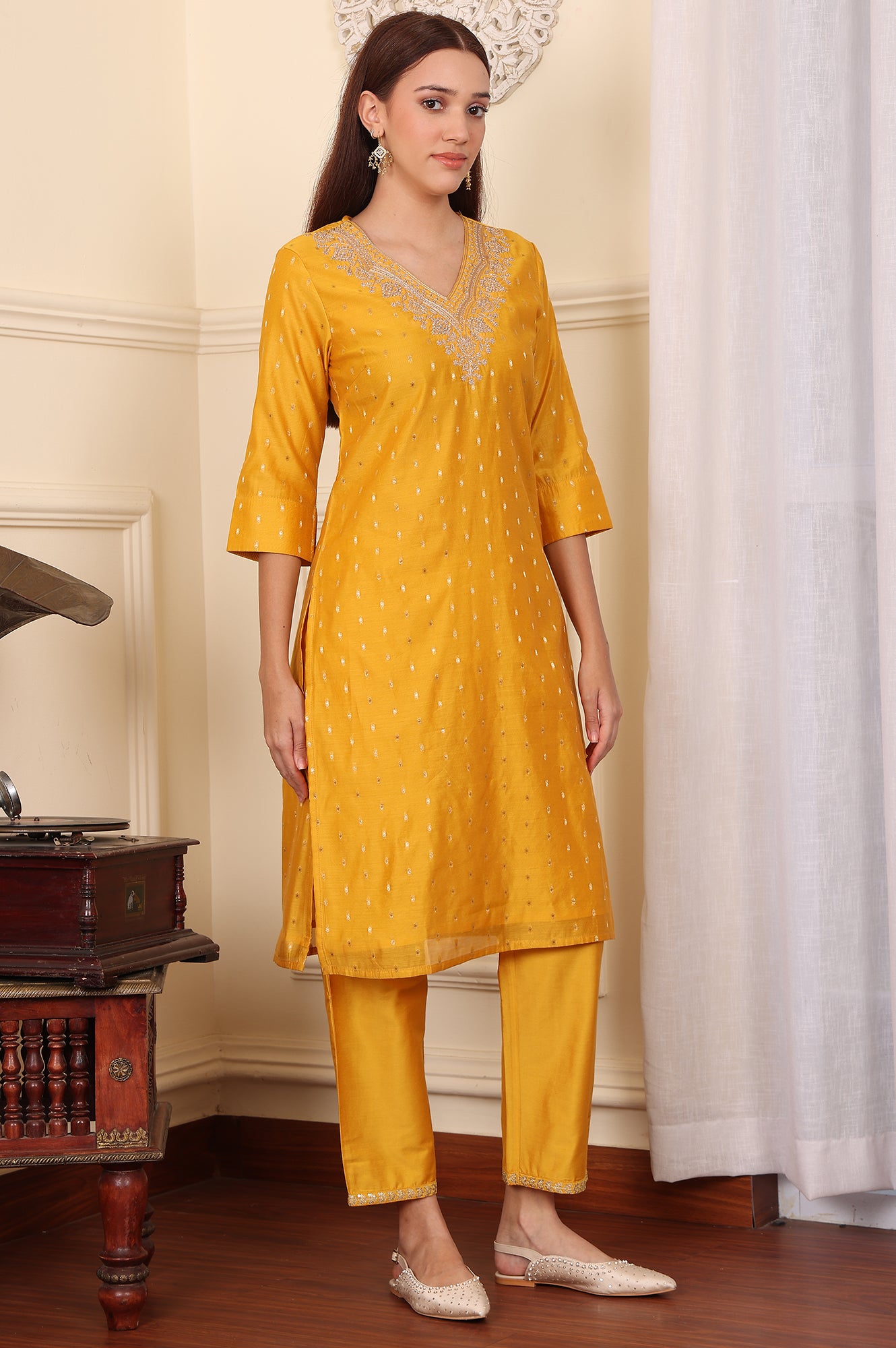 Yellow Dori Embroidered Chanderi Straight Kurta - wforwoman